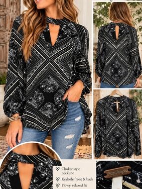 Free People Black & White Bandana-Print Choker Keyhole Tunic
